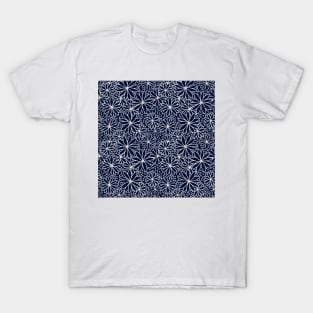 Pointed Flowers Pattern - Dark Navy and White T-Shirt
